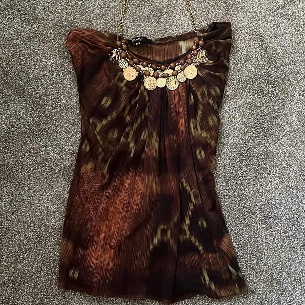 Brown and earthy colored Sky brand strapless top w/gold medallions